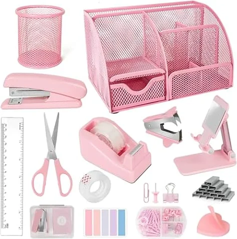 Organizadores y accesorios de escritorio, suministros de oficina, juego de 15 piezas con grapadora, removedor de grapas, soporte para bolígrafos, juego de clips, dispensador de cinta, cinta, soporte
