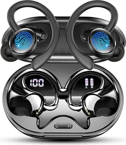 Auriculares Inalambricos Deportivos, Auriculares Bluetooth 5.4 HiFi Estéreo con 4 HD Mic, 60H Cascos Inalambricos Bluetooth con Cancelacion Ruido ENC, Control App/Pantalla LED, IP7 Impermeable Cascos