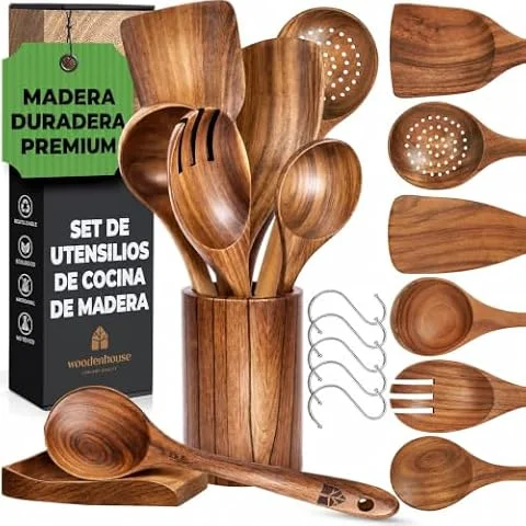 Utensilios de Cocina Madera 8 Pzs - Set de Espátulas y Cucharas de Madera, con Soporte, Reposacucharas y Ganchos. Antiarañazos. Accesorios Cocina con Agarre Cómodo para Sartenes Antiadherentes