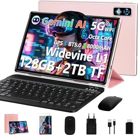 Último Tablet Gemini AI Android, Tablet 10 Pulgadas, 22GB+128GB/TF 1TB, Octa-Core 2.0GHz, 5G WiFi, Bluetooth5.0, 8000mAh Batería, 8MP+5MP, Widevine L1, GPS, Tablet con Funda, Teclado y Ratón - Dorado