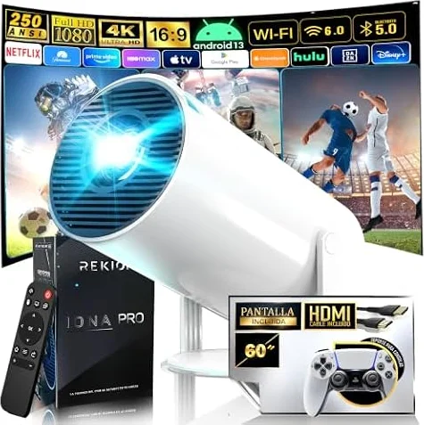 REKION® [Apps INTEGRADAS] Super Pack Proyector Portatil HY.300 Pro 4K + Pantalla 60 Pulgadas | HDMI Incluido + 1080P Full HD 250 ANSI 9000 Lúmenes | WiFi 6