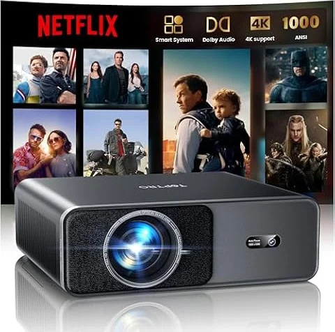 Proyector 4K【Compatible con Netflix/App Integrada/Dolby】 1000ANSI Smart Proyector AI Auto Auto/Keystone, Proyector1080P Nativo WiFi 6 Bidireccional BT5.2 Zoom 50% para Cine en Casa/Exterior