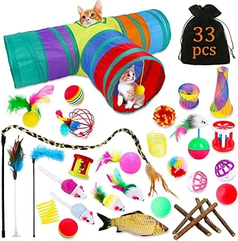 TWBEST Juguetes para Gatos - Set 33pcs Interactivo Con Túnel, Ratones, Hierba Gatera, Varita de Plumas, Peces, Bolas y Campanas