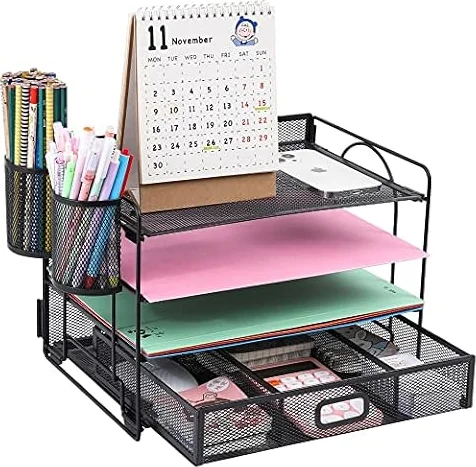 Vikmyer Organizador de Archivos de Escritorio de 4 Bandejas, Organizador de Suministros de Escritorio de Oficina de Malla con Cajón para Oficina en Casa (2 portabolígrafos)