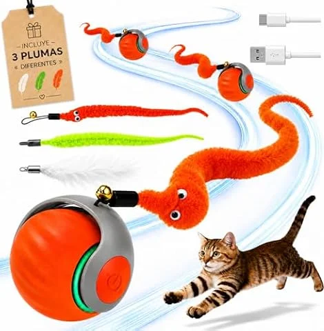 Juguetes para Gatos Interactivos – Pelota Interactiva para Gatos Recargable USB-C con Cola de Plumas, Juguete Automático con 2 Velocidades y Modo Inteligente - Estimula su instinto de caza (NARANJA)