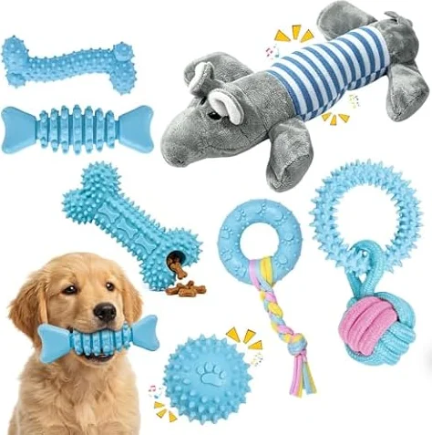 KAGEYMB Juego de 7 Juguetes para Cachorros: Juguetes Masticables de Felpa y TPR con Chirriador, Set de Juguetes Interactivos de Goma Para Cachorros, Juguetes para Perros Contra el Aburrimiento