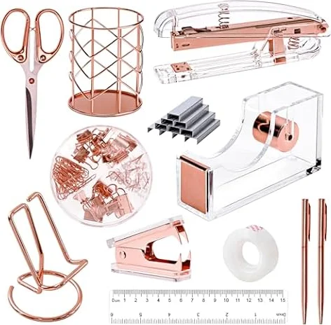 EOOUT Juego de accesorios de escritorio de oro rosa, suministros de oficina y accesorios, juego de grapadora acrílica, removedor de grapas, soporte para teléfono, soporte para bolígrafos, tijeras