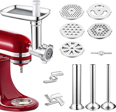 Gdrtwwh Accesorio para molinillo de alimentos de metal compatible con todos los mezcladores de soporte KitchenAid y mezclador de soporte PHISINIC, incluye 3 tubos de embutido de salchichas