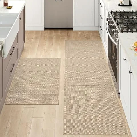 DEXI Alfombra Cocina Lavable Antideslizante, Juego de 2 Alfombrillas Absorbentes de Aceite y Agua, Alfombras Pasillo para Salón, Lavadero, 43x75cm + 43x150cm, Beige