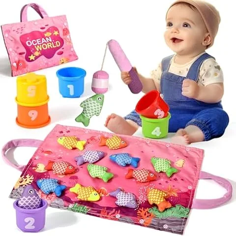 Yitical Juguetes Niños 1 Año Montessori, 20 Piezas Juego Pesca de Tela con Taza Apilables-Rosa, Almacén Bolsa, Educativos Juguetes Bebes 6-12 Meses, Regalo Niña 1 2 Año