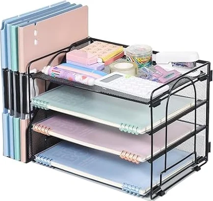 Organizador de Archivos de Escritorio de 4 Bandejas, Organizador de Suministros de Escritorio de Oficina de Malla con Cajón para Oficina en Casa (2 portabolígrafos) (Negro-Titular del archivo)