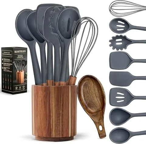 Kortelex Utensilios de Cocina de Silicona, juego Utensilios Cocina, Con Mango Madera de Acacia, Resistente al Calor hasta 230°C, sin BPA, Incluye Cubo de Almacenamiento y Reposacucharas