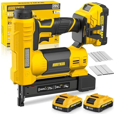 Alloyman 20V MAX Pistola de Clavos y Grapadora Eléctrica Inalámbrica 2 en 1, Clavadora 18GA con Batería 2,0Ah y Cargador, Incluye 1000 Clavos y 500 Grapas, para Bricolaje y Carpintería
