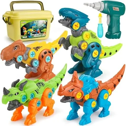 Dreamon Dinosaurios Juguetes para Niños 3 4 5 6 7 Años con Caja de Almacenamiento Taladro Eléctrico Construccion Juguete Dducativos Regalos para Niños Niñas