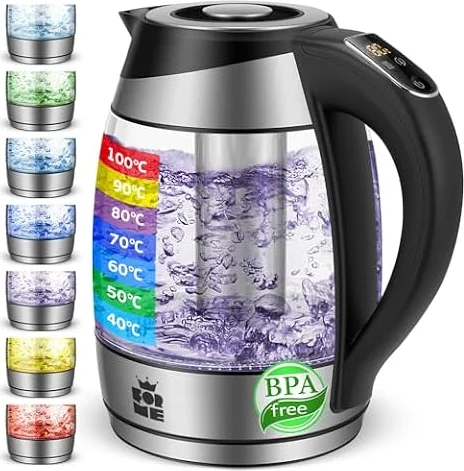 FOR ME Hervidor Eléctrico de Vidrio Agua con Filtro de Té 1,8L, Control de temperatura, Temperatura ajustable de 40°C a 100°C, Iluminación LED de 7 Colores, Función de Mantener Caliente, Libre de BPA