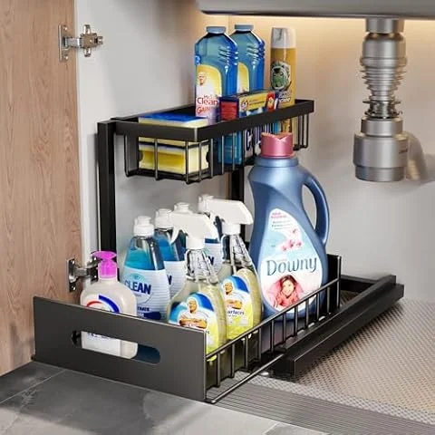Bnimtm Organizador Cocina Almacenamiento de metal debajo del fregadero, organizador de cocina de 2 niveles con cajón de almacenamiento deslizante, Montaje en 1 Minuto
