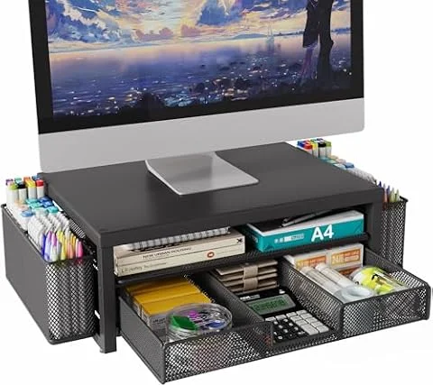 BOKIOVIN Metal Soporte Monitor Escritorio Organizador con Cajón y 2 Portalapices, Elevador Monitor Stand Escritorio, Artículos de Oficina Accesorios
